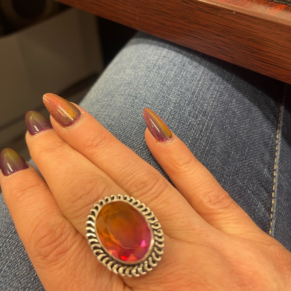 Sterling Silver Oval Multicolor Glass Stone Ring - Women Jewelry